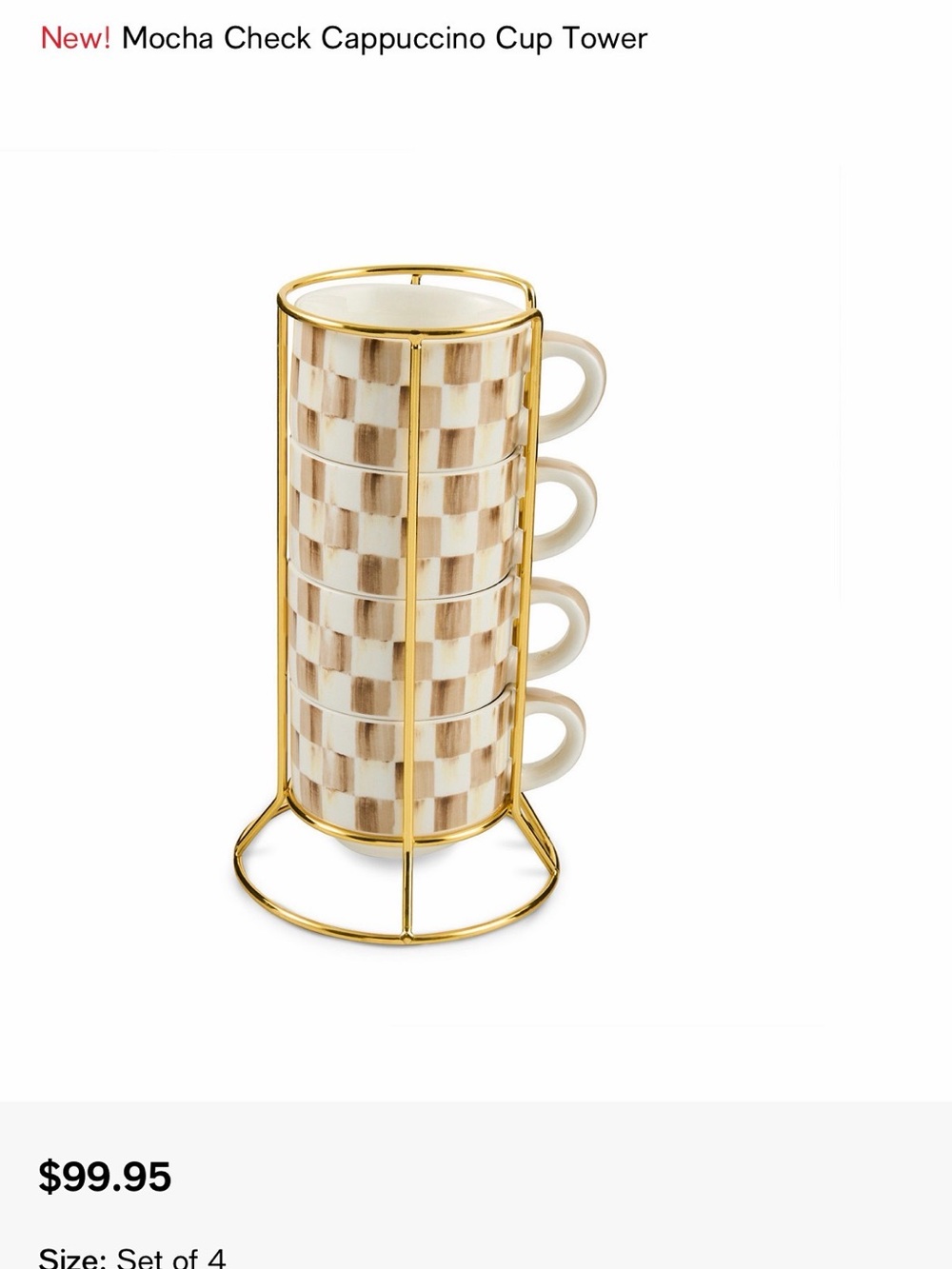 Mackenzie Childs Mocha Check Cappuccino Cup Tower - Set of 4